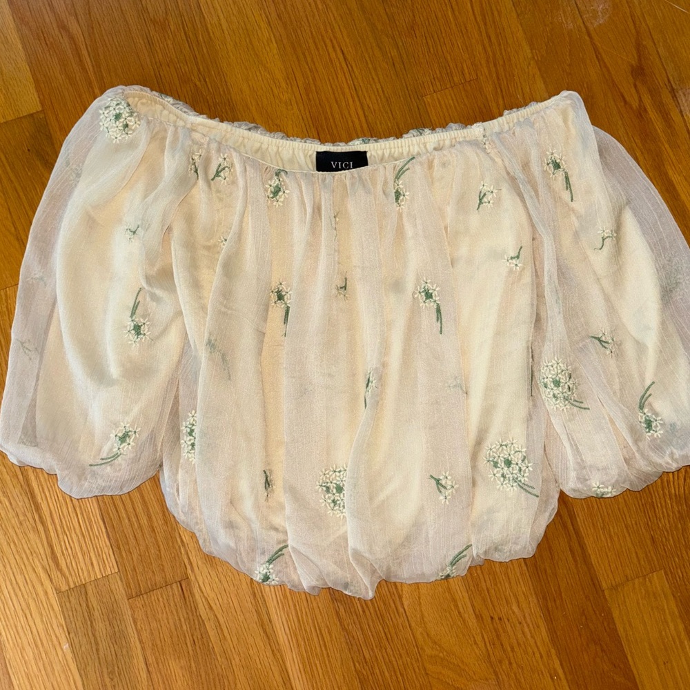 Vici Tulle off the shoulder crop top
